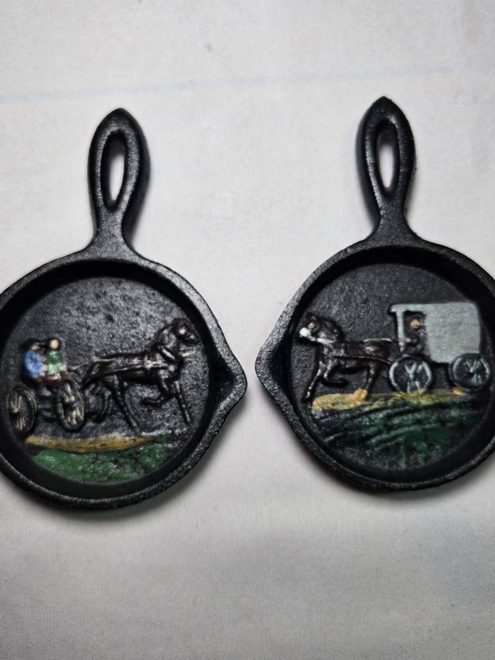 Vtg Miniature Hand-Painted Cast Iron Skillets Horse Buggy Country Cottagecore